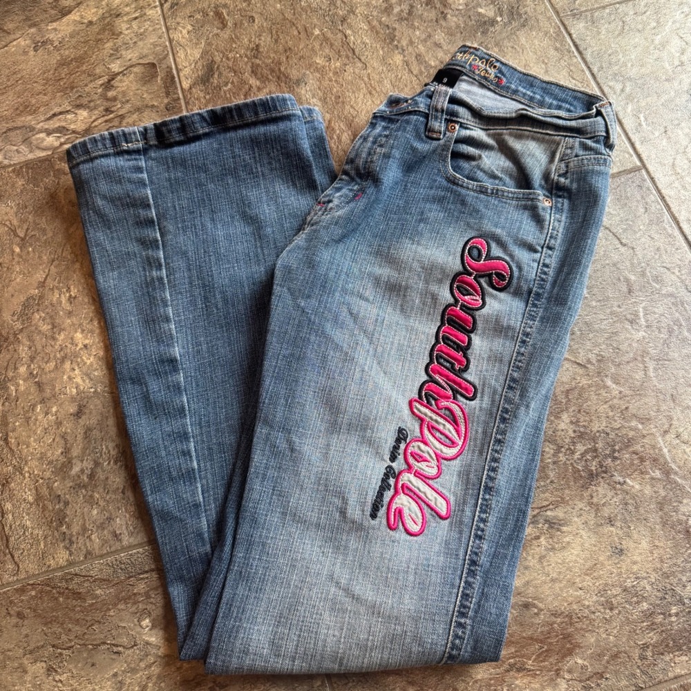 Y2K Southpole Womens Sz 9 Blue Denim Pink Logo Embroidered Bootcut Flare Jeans